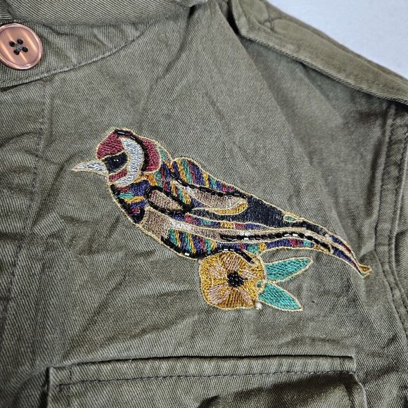 Zara Utility Embroidered Beaded Jacket Womens M Bird Flower Army Green Military - Picture 3 of 14
